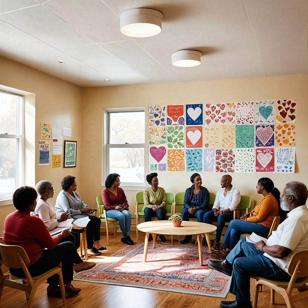 A diverse group of people engaged in a community meeting, showcasing warmth and connection as they discuss insurance options for support. Illustrate a cozy community center setting with posters about care resources on the walls. Include symbols of care, such as hearts and hands joining, to signify collaboration. Soft, inviting colors to evoke a sense of community and trust. super-realistic. vibrant colors. natural lighting.