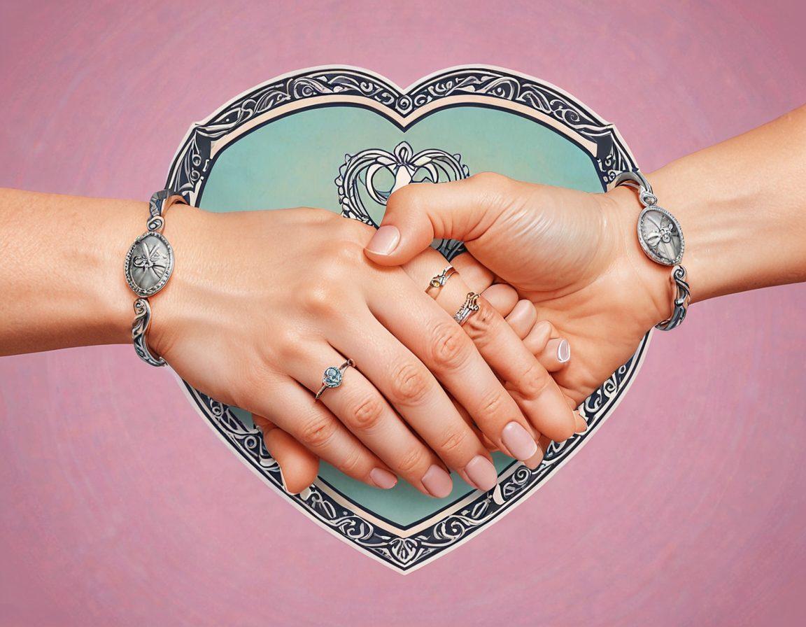 A pair of intertwined hands, one adorned with a delicate wedding band, surrounded by symbols of financial security like a shield, dollar sign, and heart icons. In the background, soft pastel colors blend harmoniously to convey warmth and trust. The scene evokes a sense of partnership and the importance of financial safety in relationships. vector art. vibrant colors.