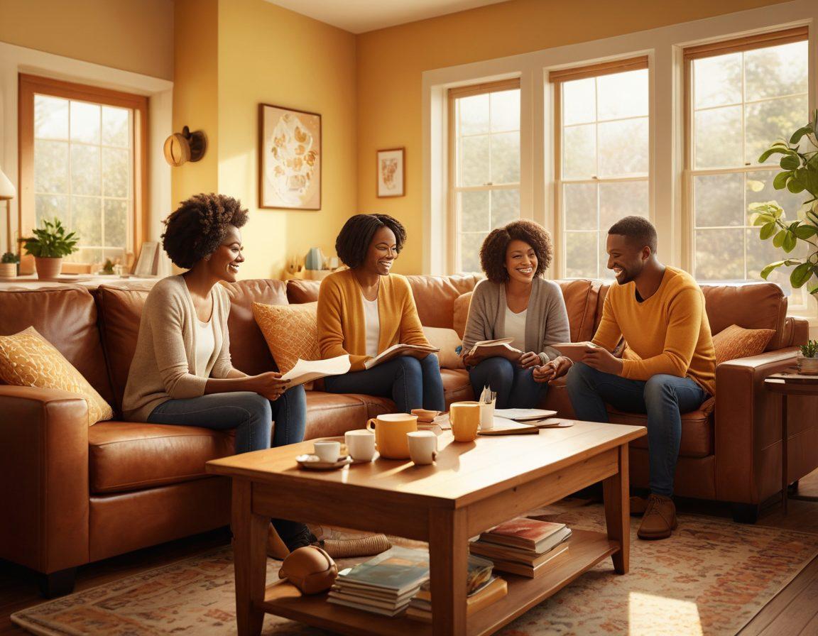 A warm and inviting scene depicting a family gathered together in a cozy living room, surrounded by personal care items and insurance documents. Soft light filters through a window, illuminating their joyful expressions as they discuss strategies for safeguarding their future. The background subtly features icons representing various types of insurance like health, home, and auto, blending harmoniously with the family theme. The image conveys a sense of security, care, and togetherness. super-realistic. warm colors. 3D.